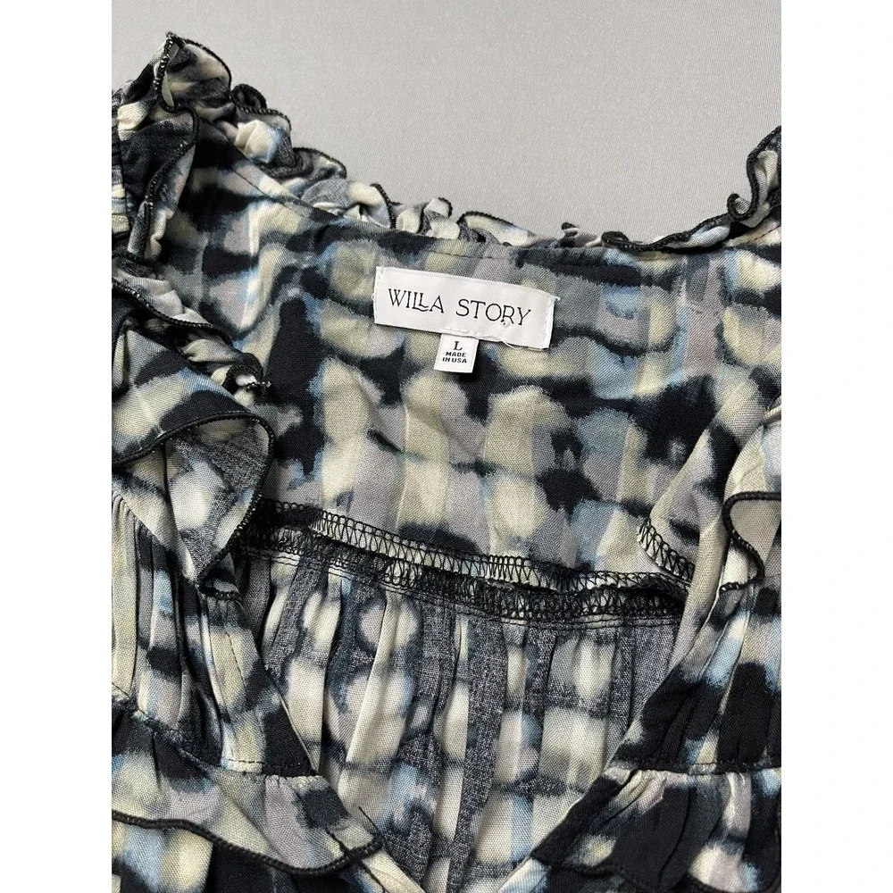 WILA STORY Womens Large L Maxi Dress Black Grey Blue Tie Dye Ruffle Sleeve Belte